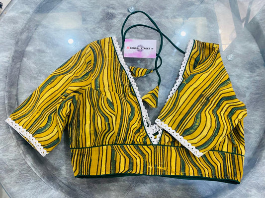 Ajrakh Glass Sleeve Blouse with Lace