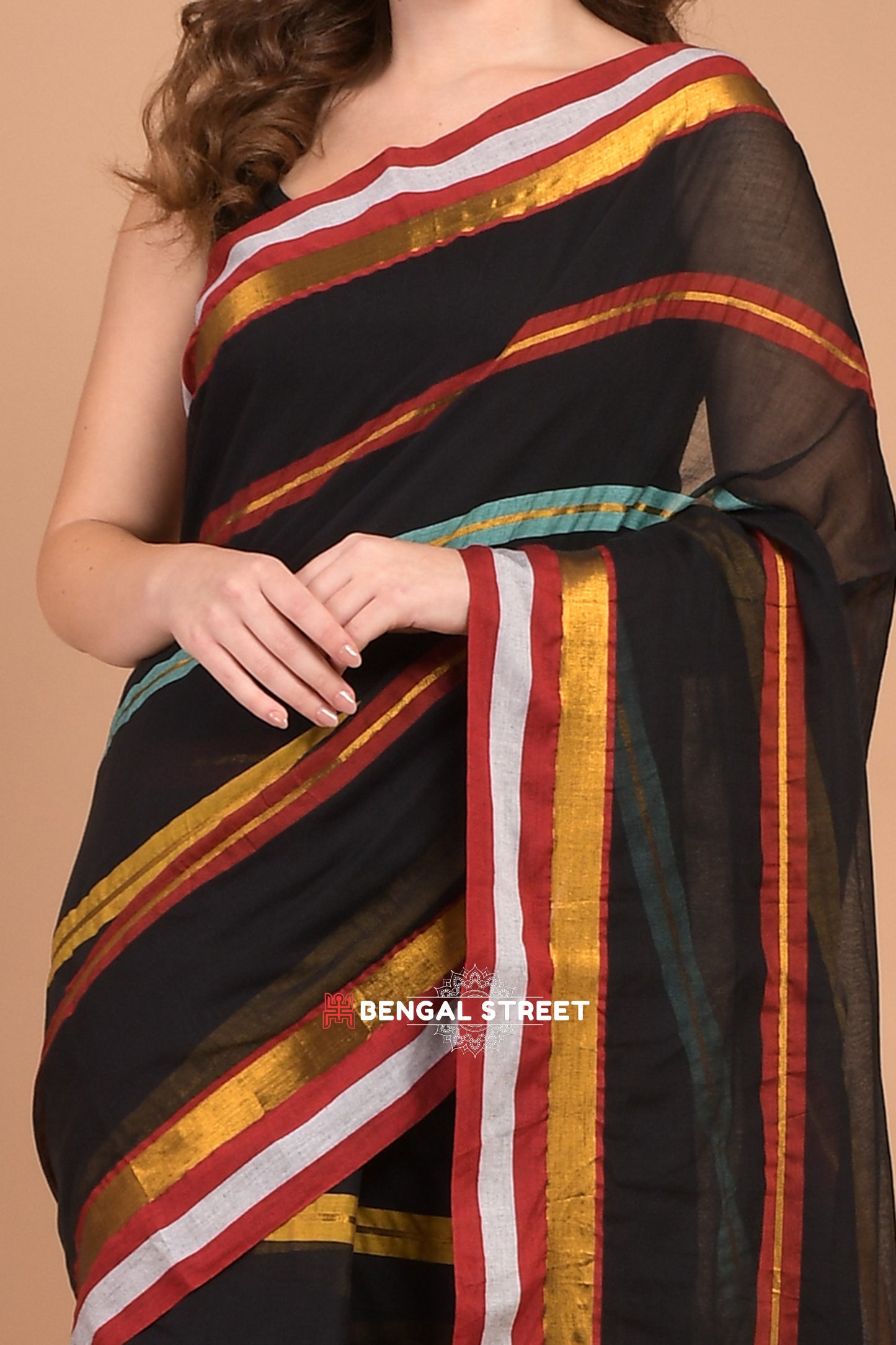 Black & Multi Color Zari Stripped Mul Cotton Saree