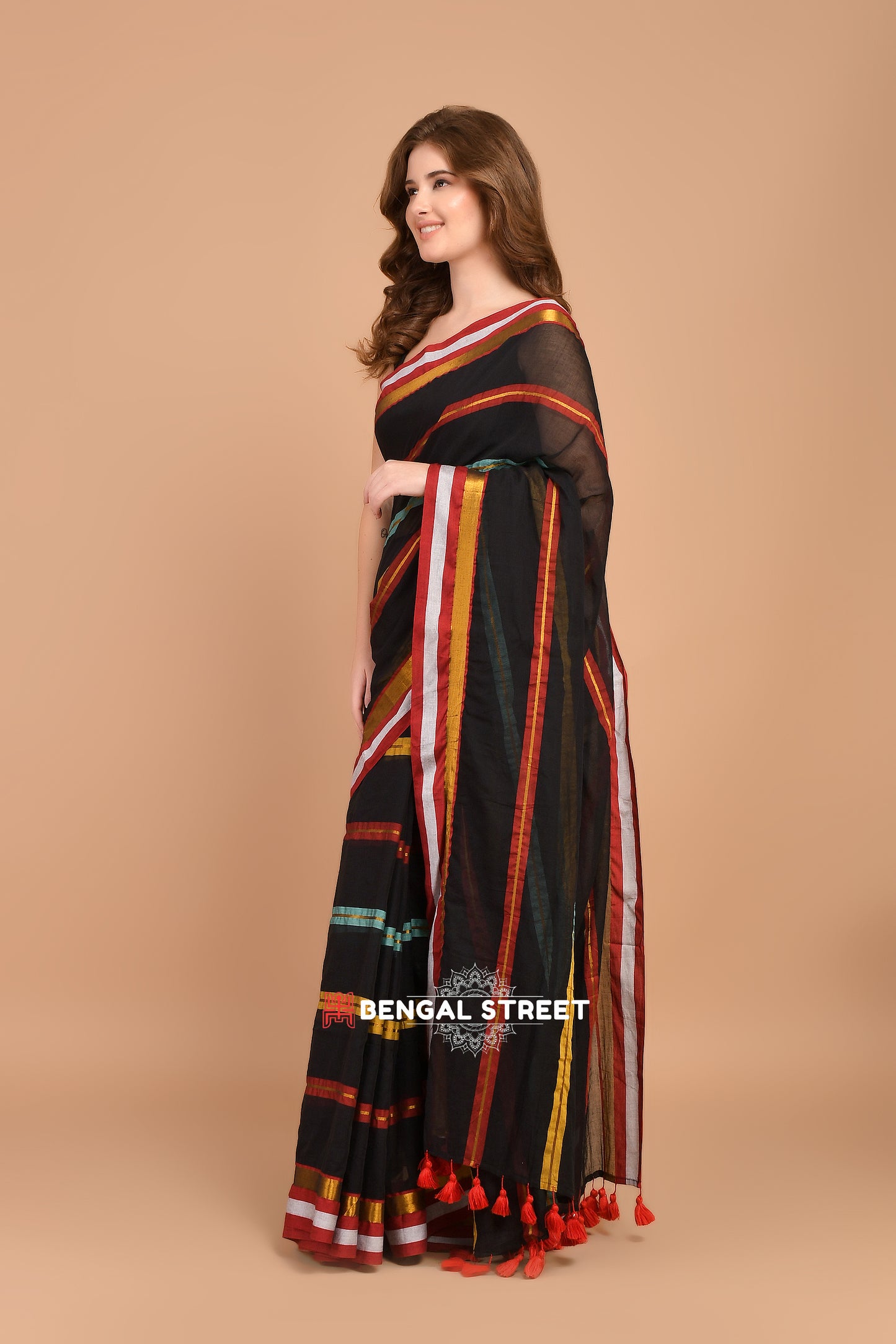 Black & Multi Color Zari Stripped Mul Cotton Saree