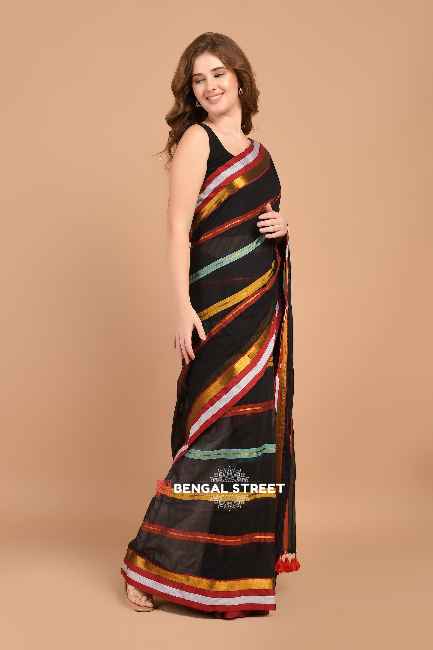 Black & Multi Color Zari Stripped Mul Cotton Saree