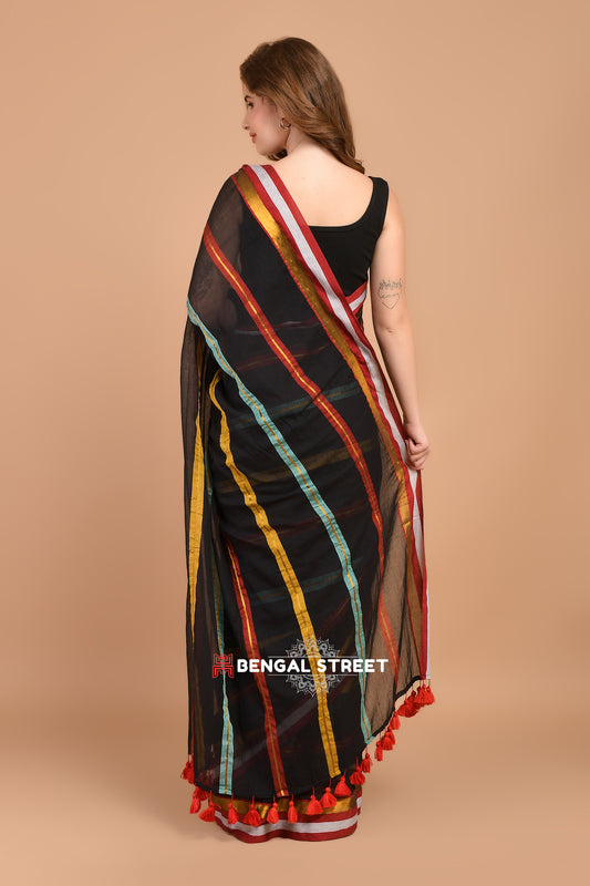 Black & Multi Color Zari Stripped Mul Cotton Saree