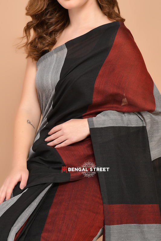 Rangeeli: Colour-bar Khadi Saree Black