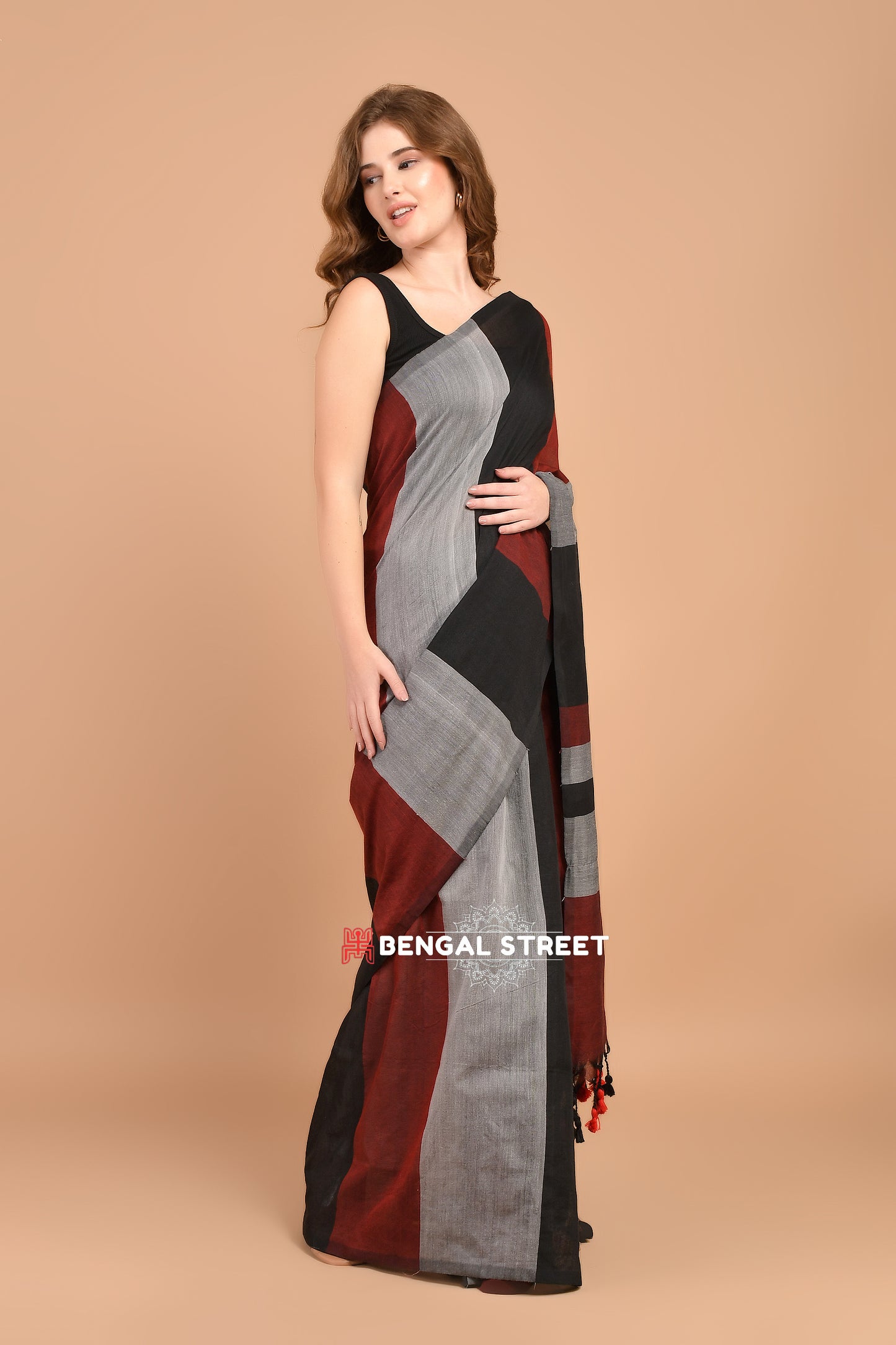 Rangeeli: Colour-bar Khadi Saree Black