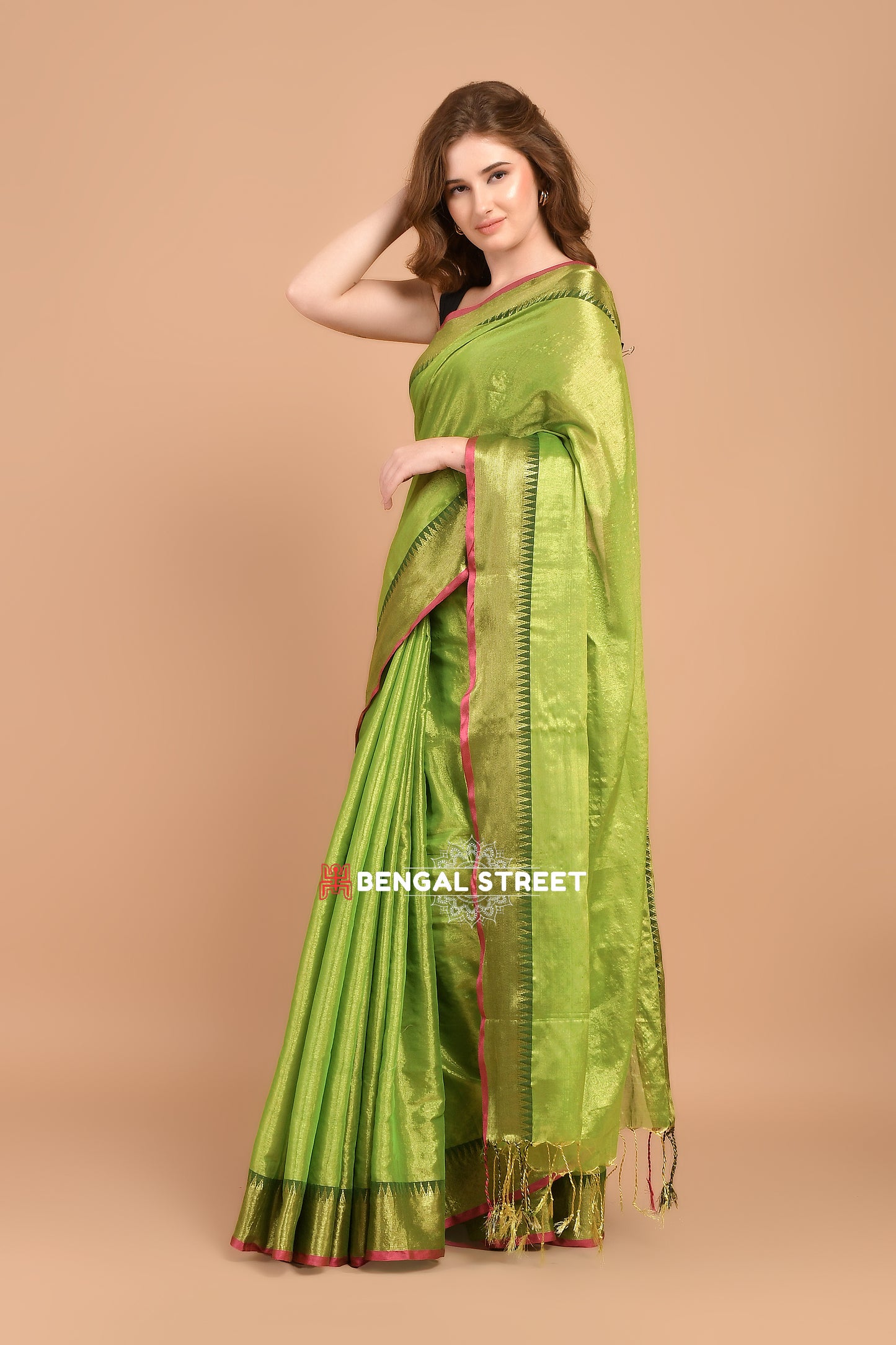 Raga Tissue Temple woven border saree - Green