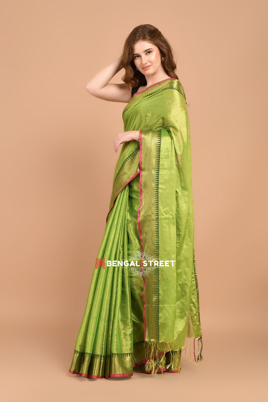 Raga Tissue Temple woven border saree - Green
