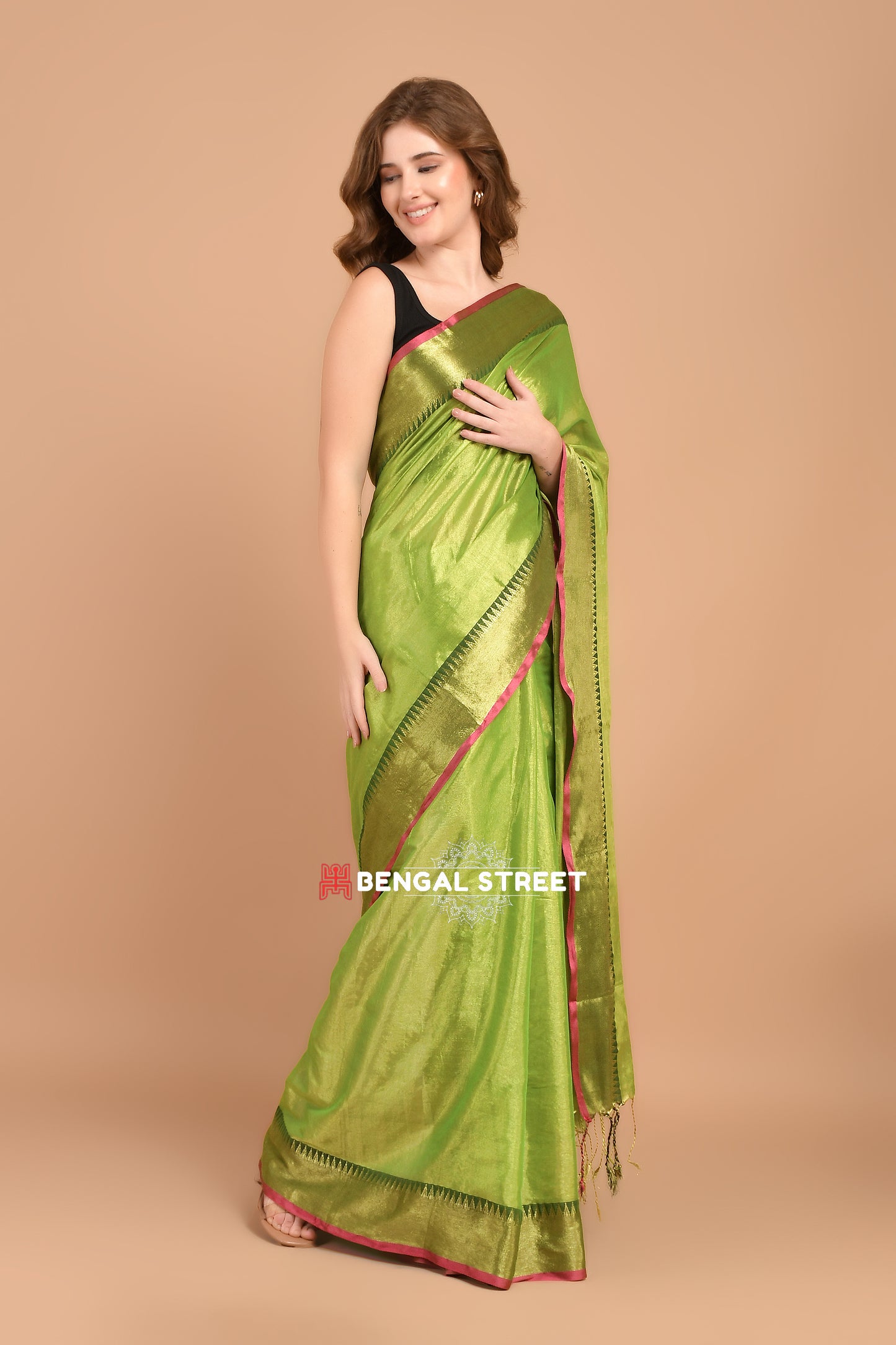 Raga Tissue Temple woven border saree - Green