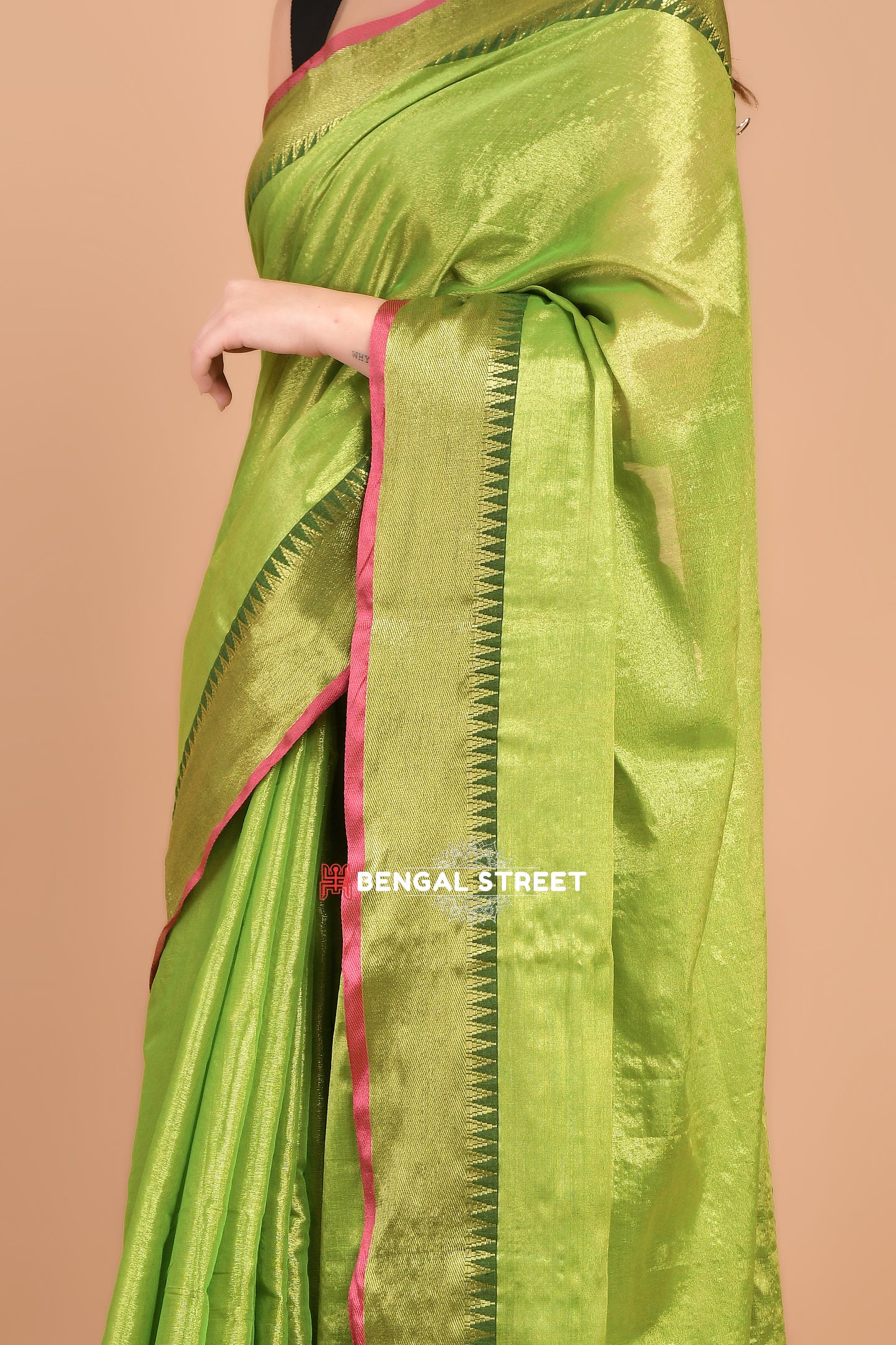 Raga Tissue Temple woven border saree - Green