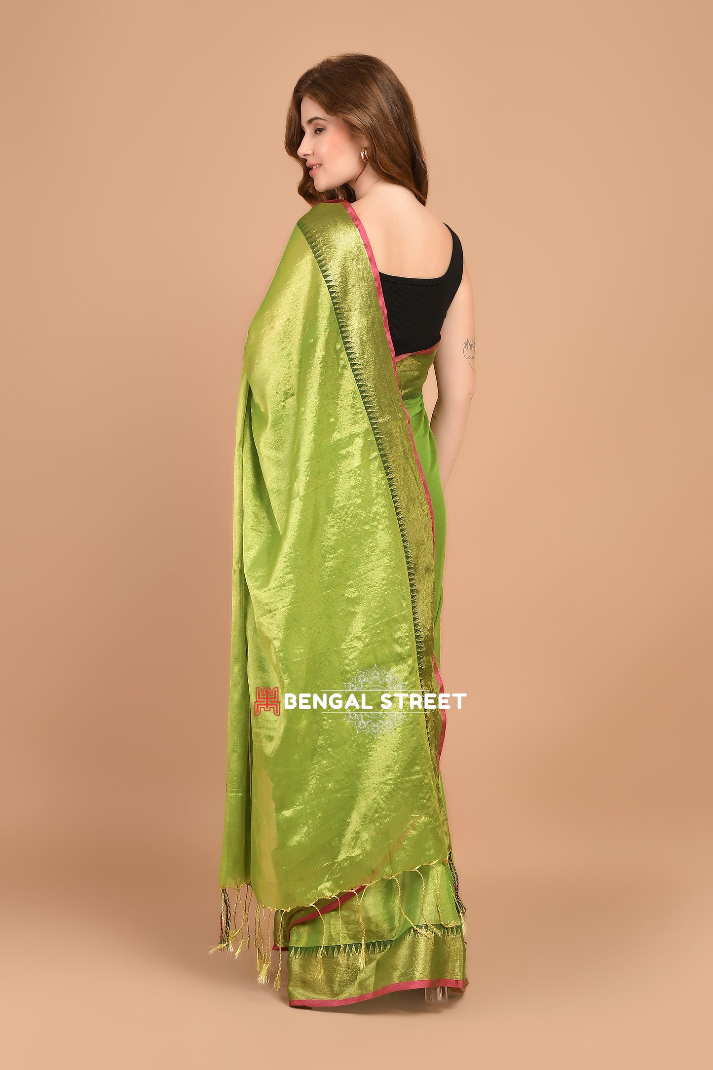 Raga Tissue Temple woven border saree - Green