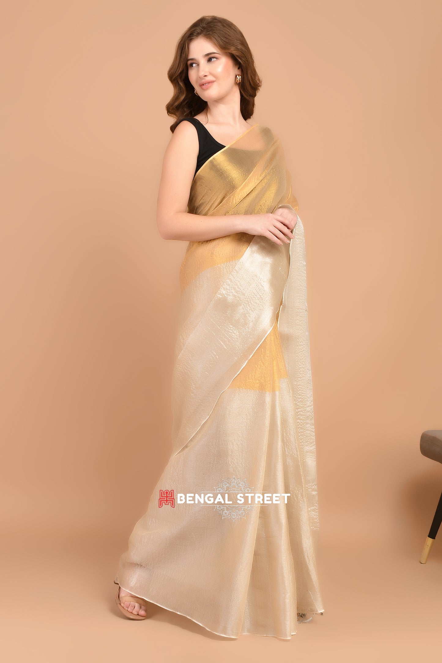 Half & Half Raga Tissue Saree: Gold & Beige