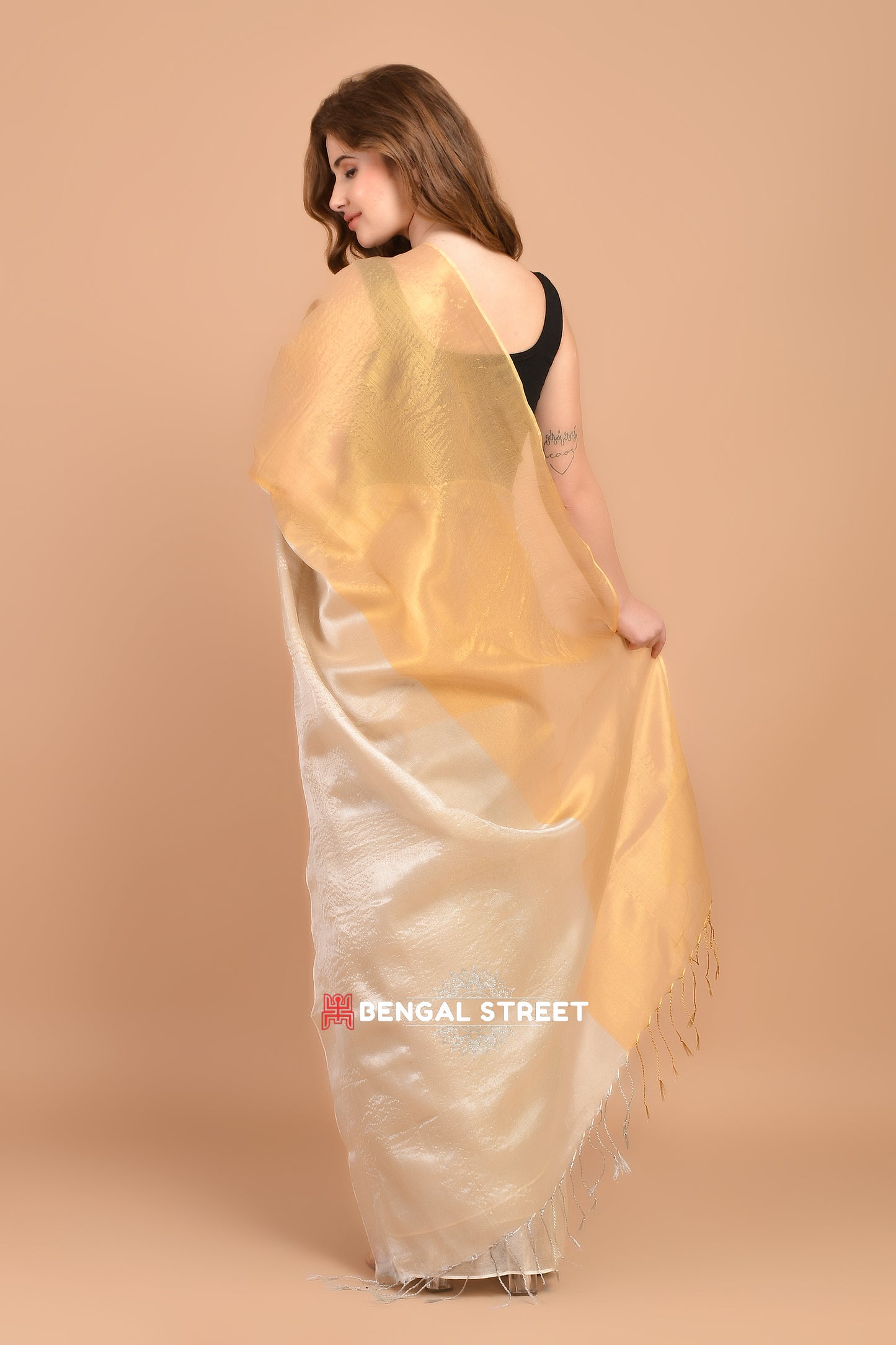 Half & Half Raga Tissue Saree: Gold & Beige