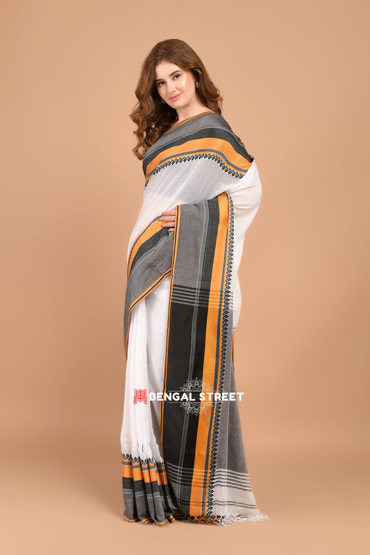 Bengal Handloom Cotton Saree - White with Yellow and Black Border