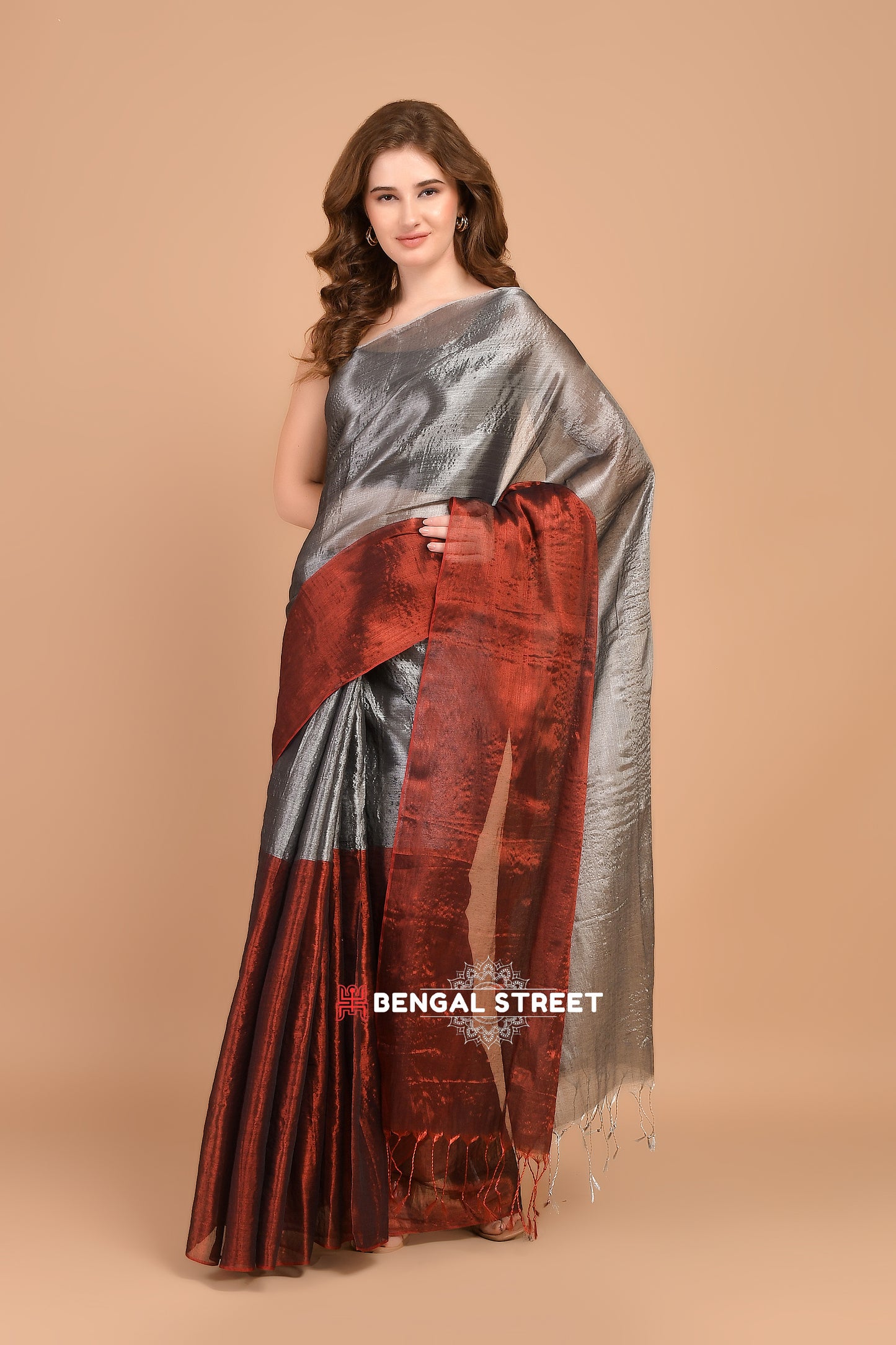 Half & Half Raga Tissue Saree: Maroon & SIlver