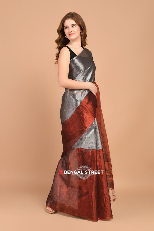 Half & Half Raga Tissue Saree: Maroon & SIlver