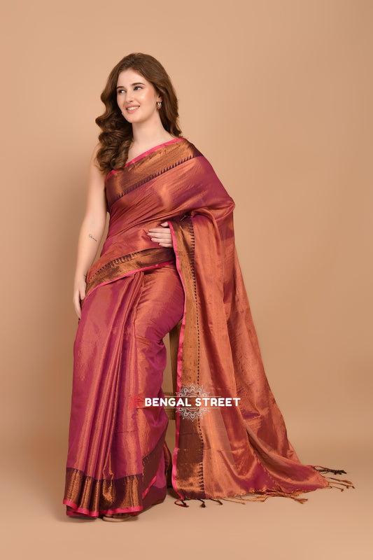 Raga Tissue Temple woven border saree - Pink
