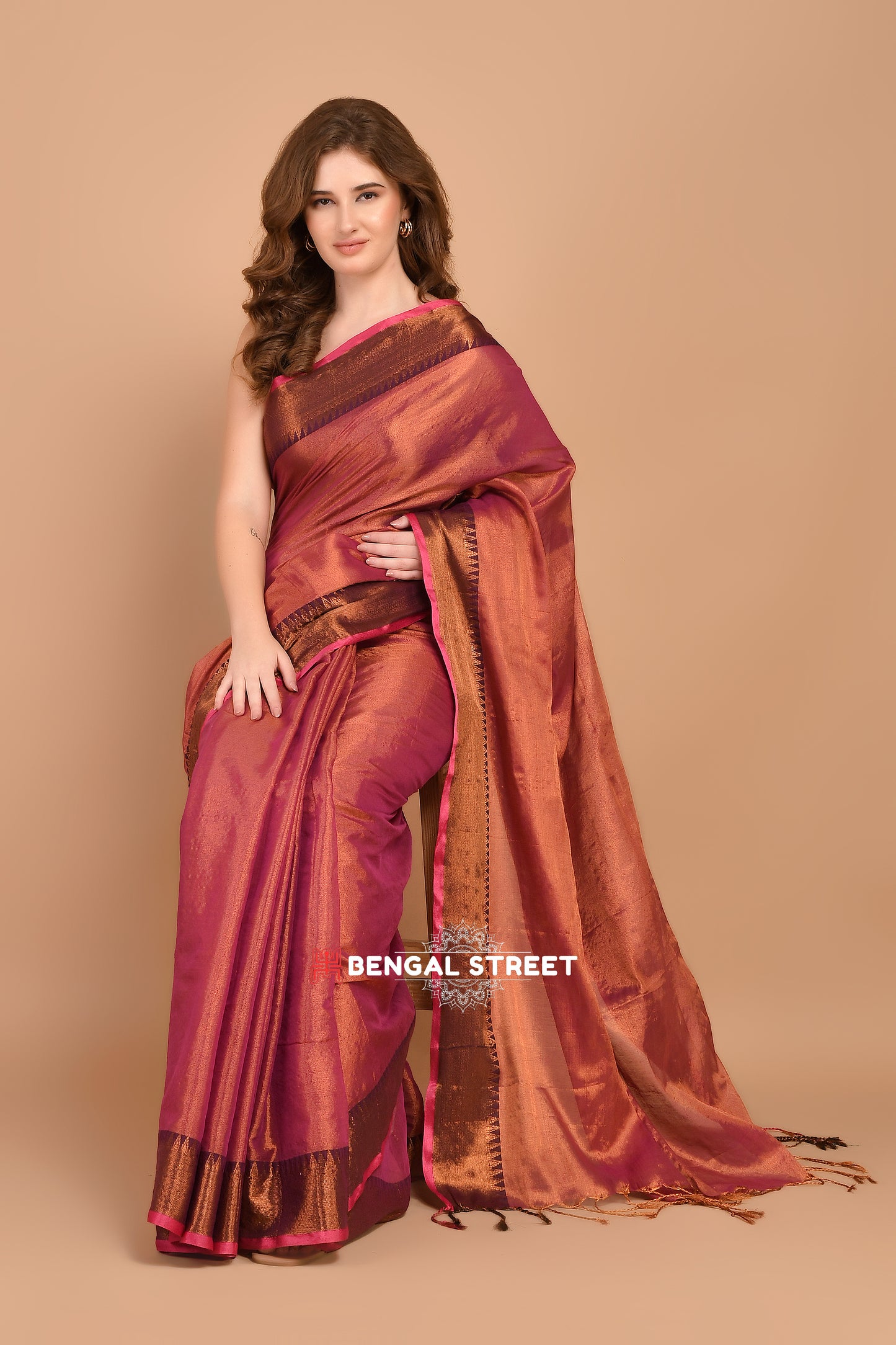 Raga Tissue Temple woven border saree - Pink