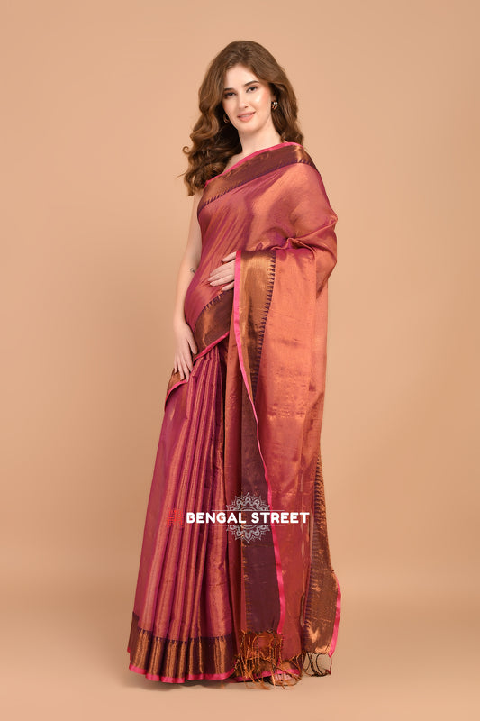 Raga Tissue Temple woven border saree - Pink