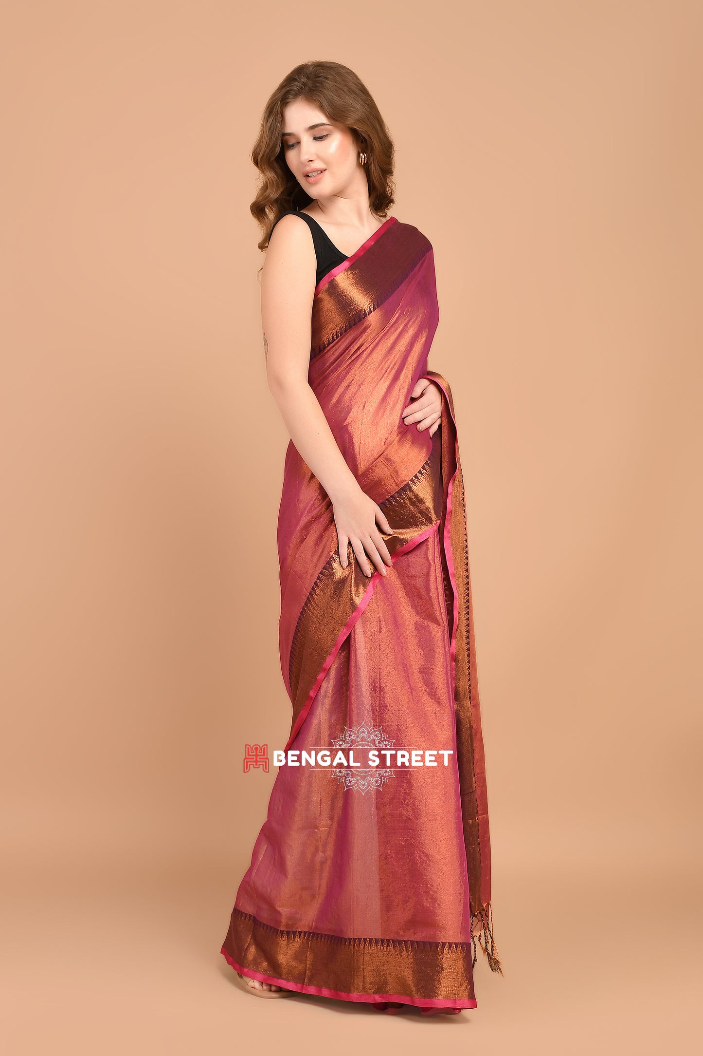 Raga Tissue Temple woven border saree - Pink