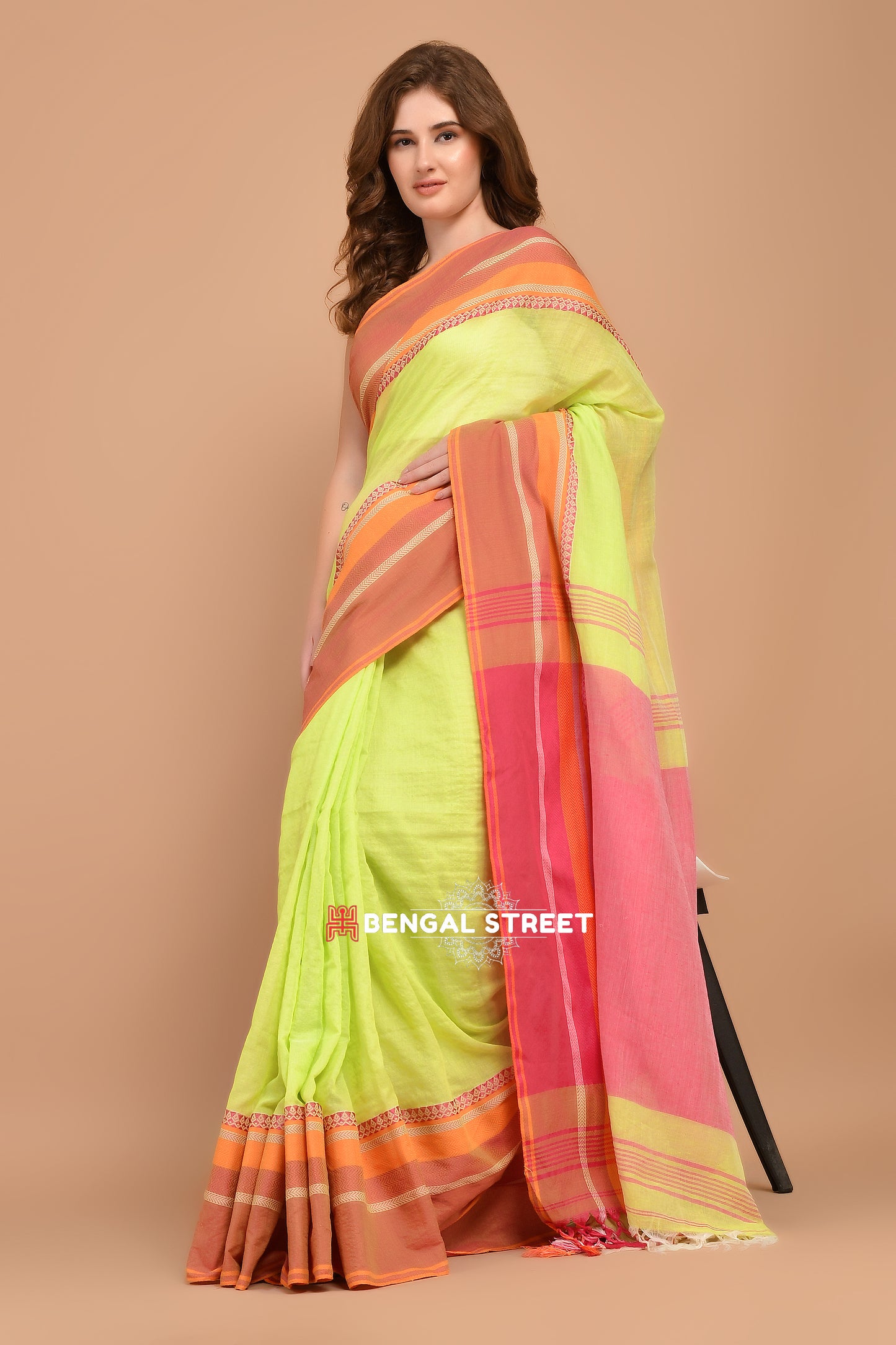 Bengal Handloom Cotton Saree - Lime Green