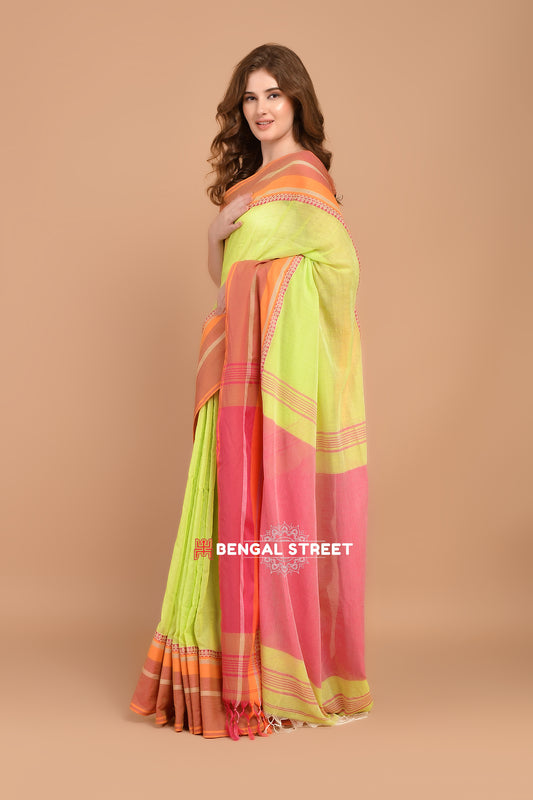 Bengal Handloom Cotton Saree - Lime Green