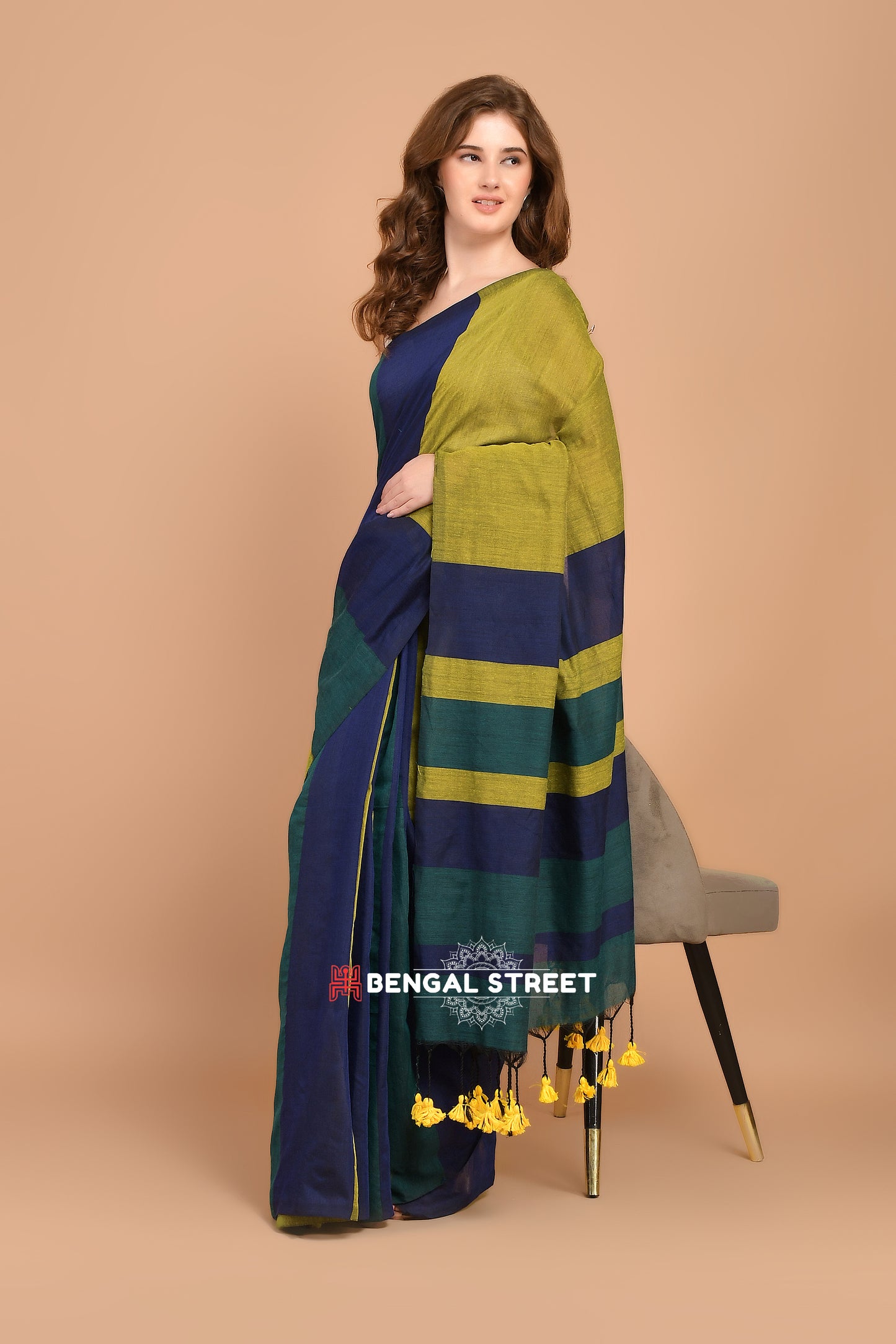 Rangeeli: Colour-bar Khadi Saree Olive Green
