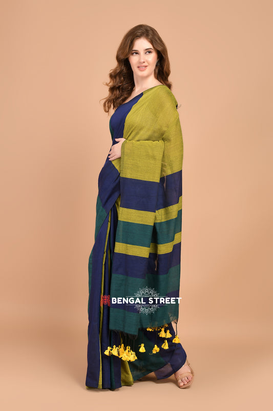 Rangeeli: Colour-bar Khadi Saree Olive Green