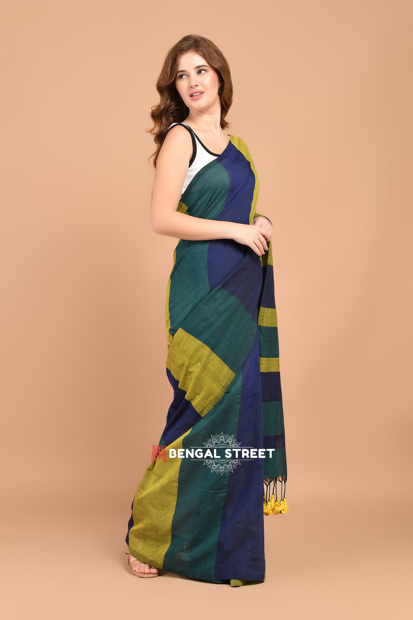 Rangeeli: Colour-bar Khadi Saree Olive Green