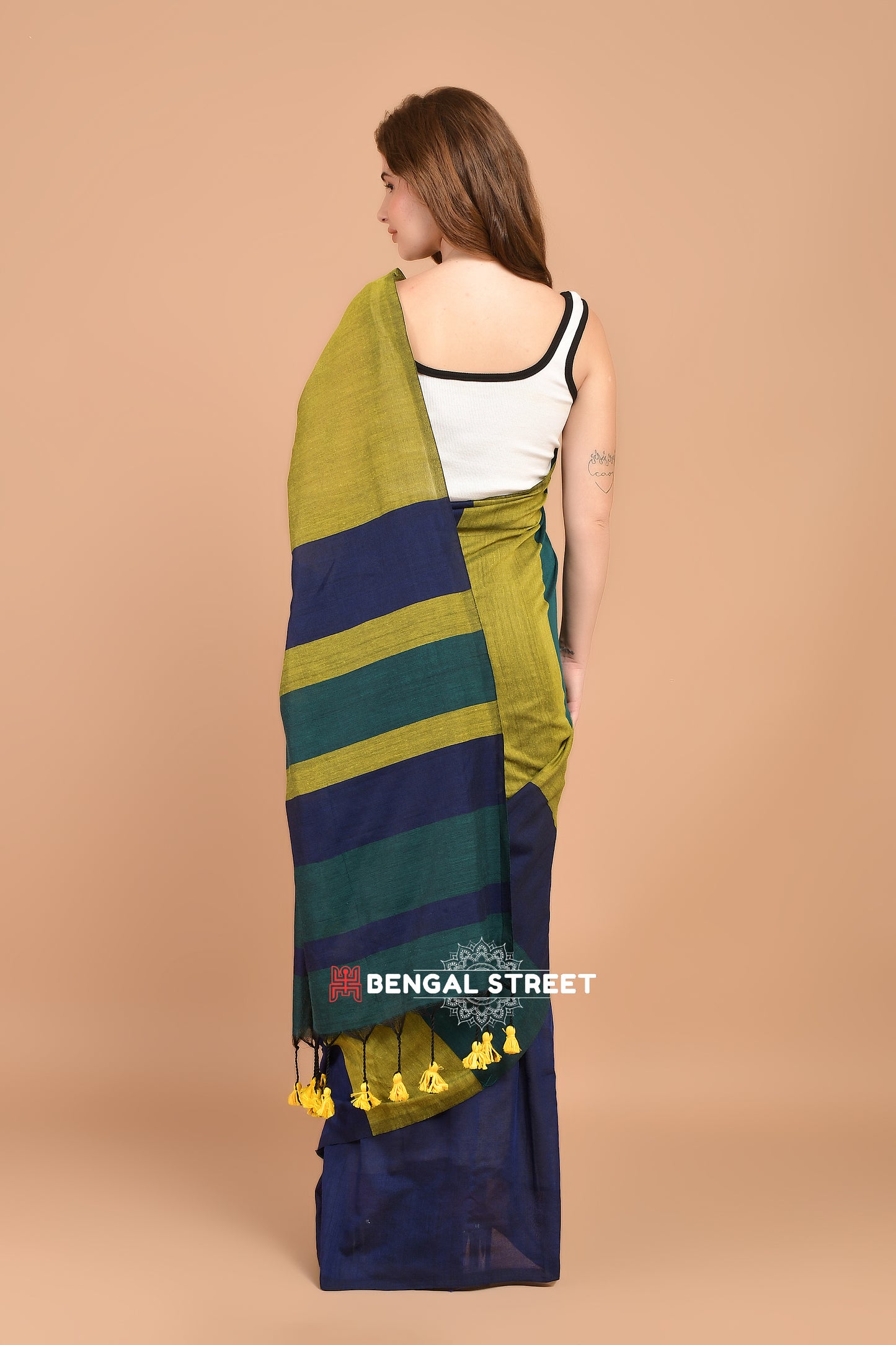 Rangeeli: Colour-bar Khadi Saree Olive Green