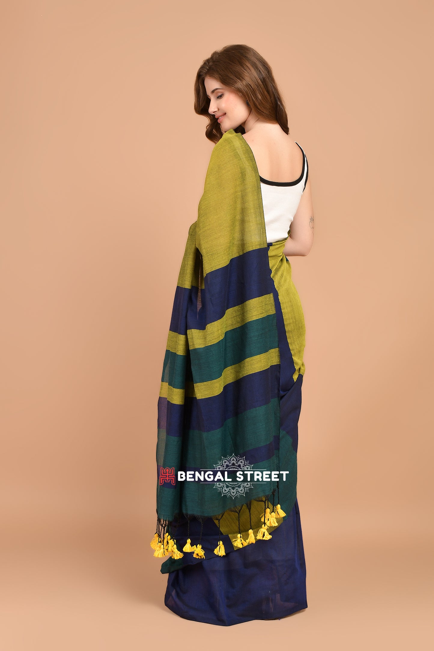 Rangeeli: Colour-bar Khadi Saree Olive Green