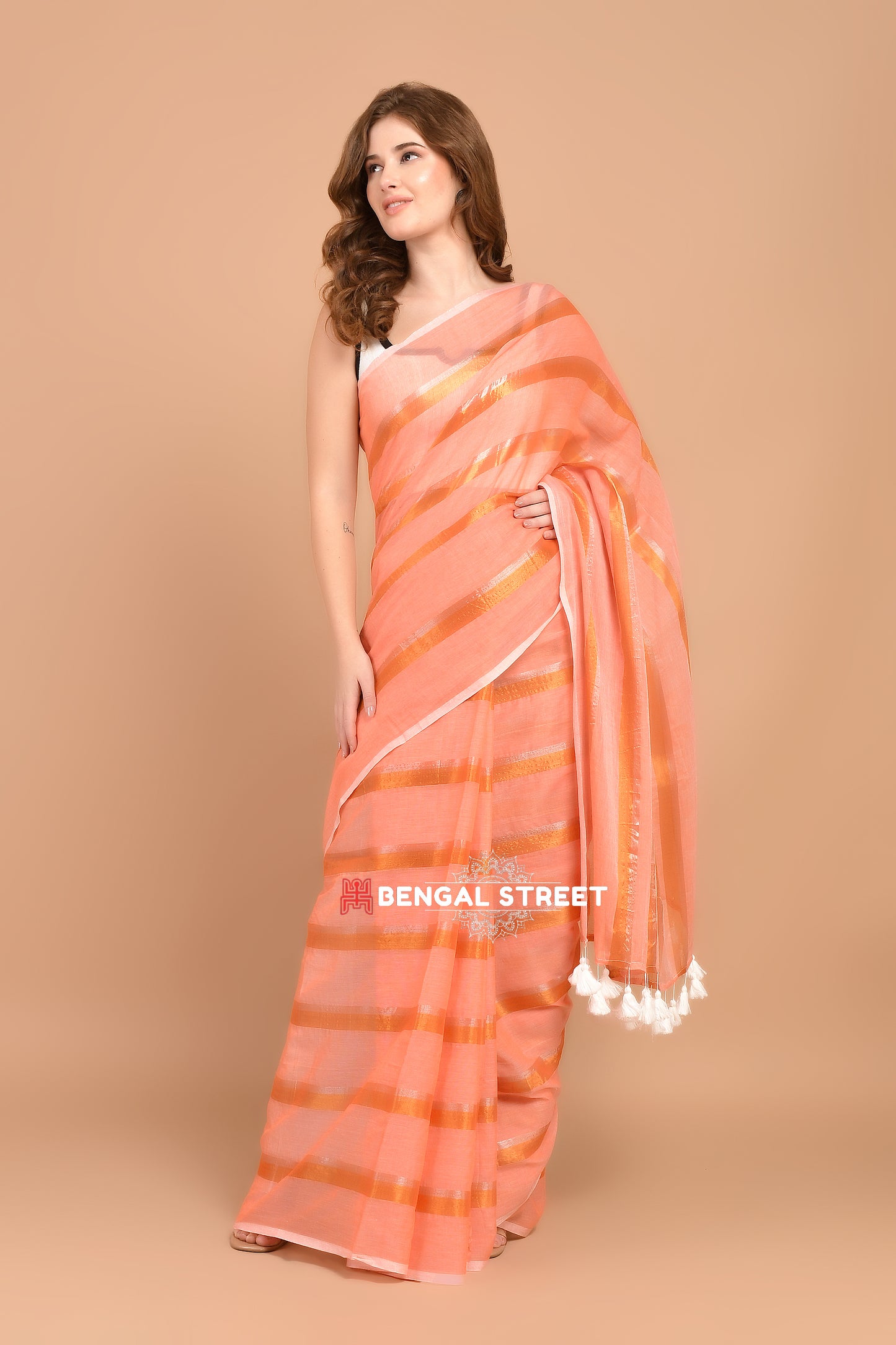 Zari Stripped Mul Cotton Saree: Peach Colour
