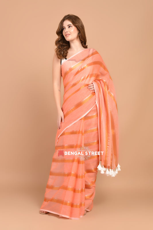 Zari Stripped Mul Cotton Saree: Peach Colour