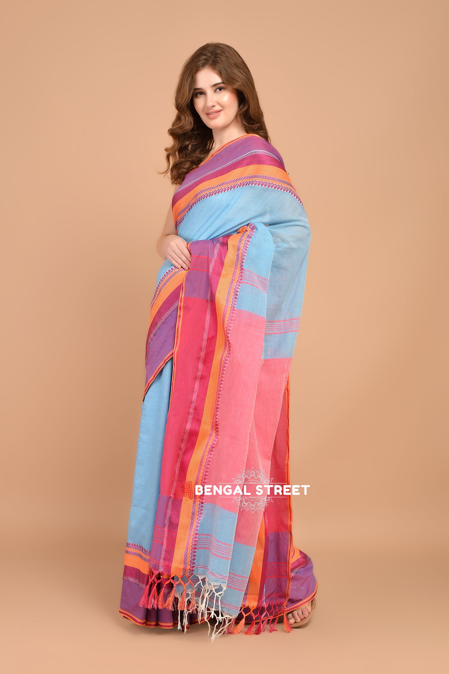 Bengal Handloom Cotton Saree - Light Blue with Pink Border
