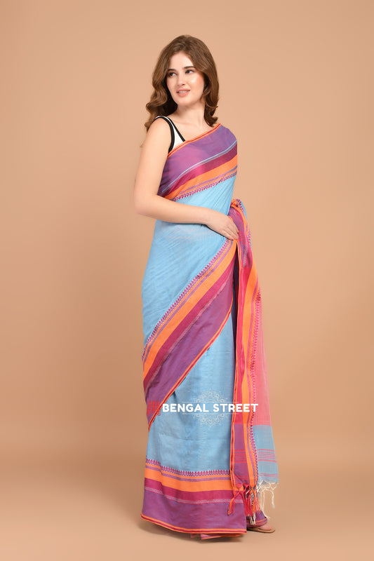 Bengal Handloom Cotton Saree - Light Blue with Pink Border