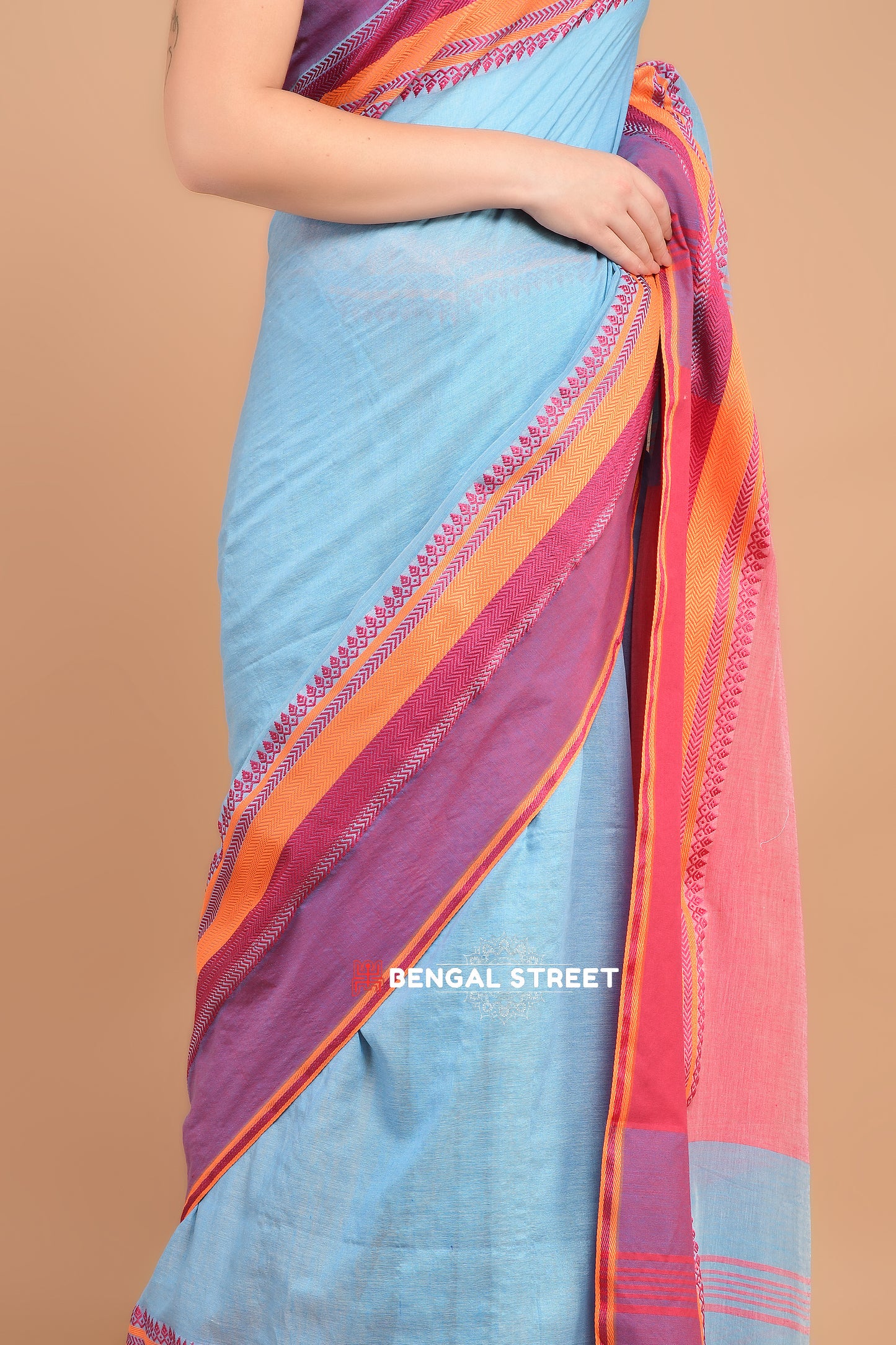 Bengal Handloom Cotton Saree - Light Blue with Pink Border