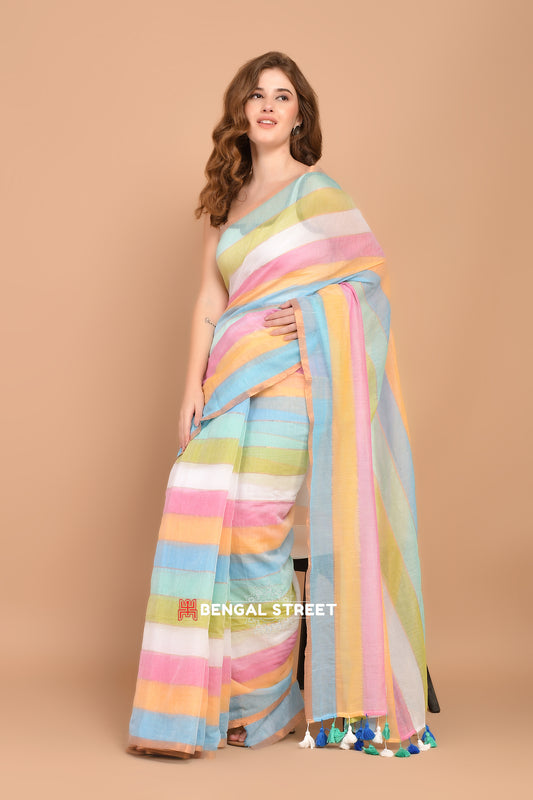Multi Color Zari Stripped Mul Cotton Saree