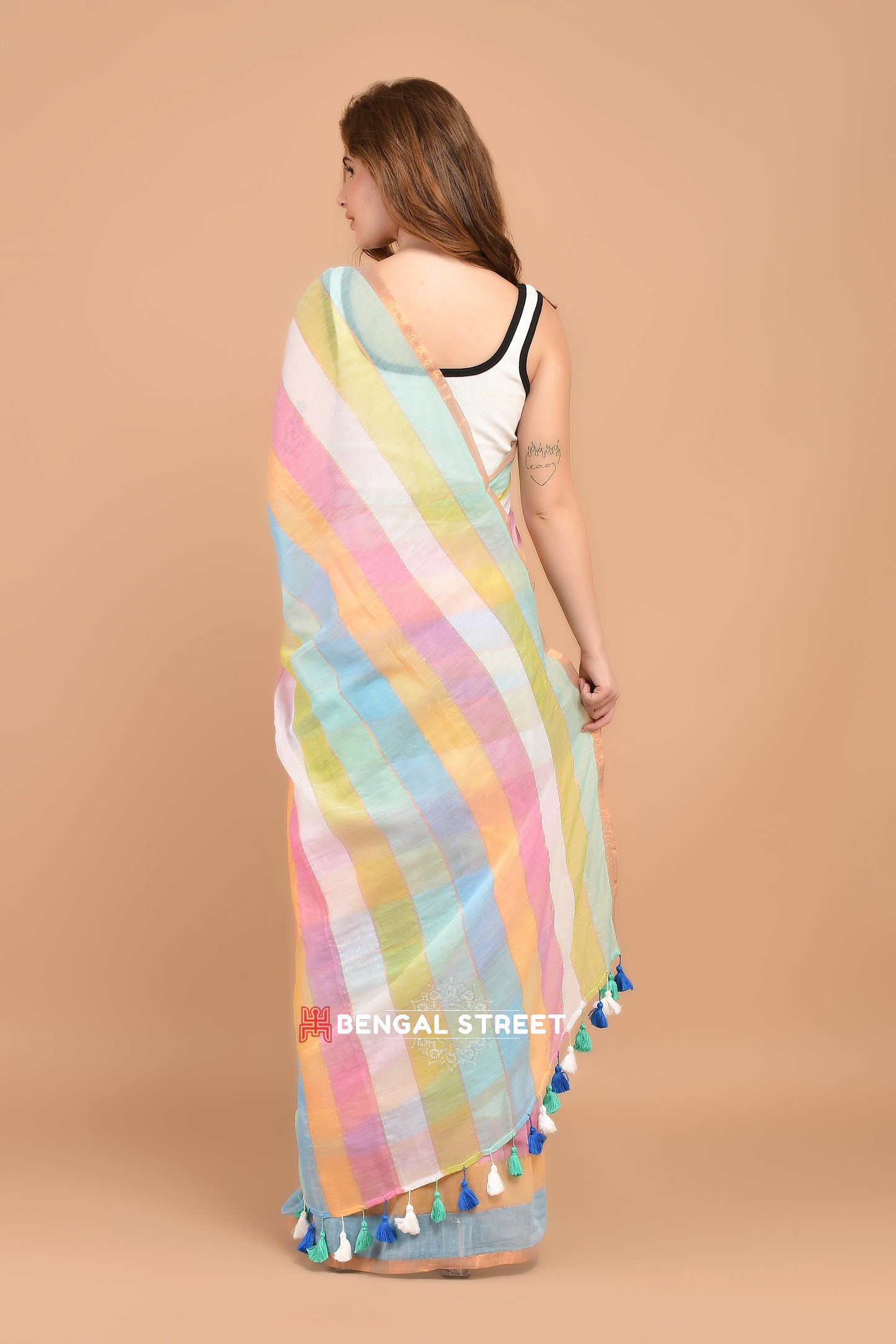 Multi Color Zari Stripped Mul Cotton Saree