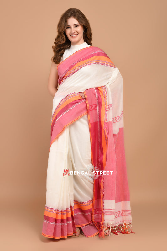 Bengal Handloom Cotton Saree - White with Pink and Orange Border