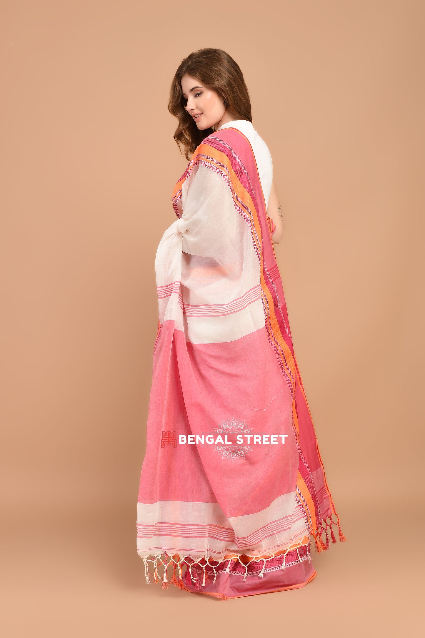 Bengal Handloom Cotton Saree - White with Pink and Orange Border