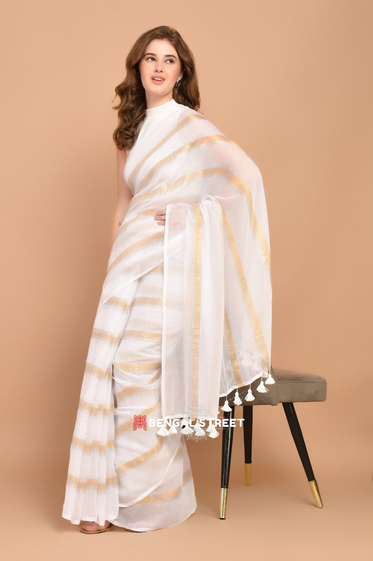 Zari Stripped Mul Cotton Saree: White Colour