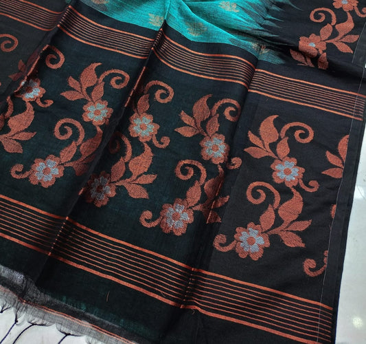 Pure Linen Ikkat Saree - Sea green