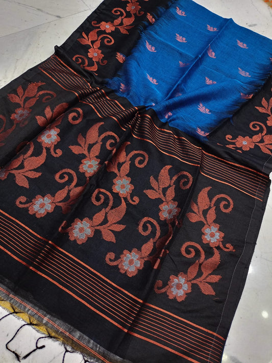 Pure Linen Ikkat Saree - Blue