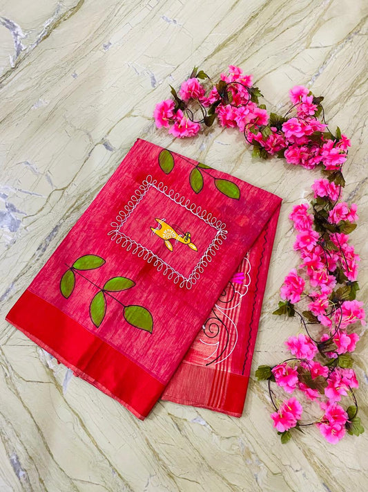Pattachitra Hand Painted Saree - Peach & Red