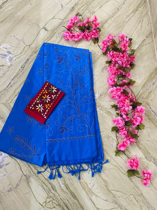Handmade Kantha stitch saree - Blue