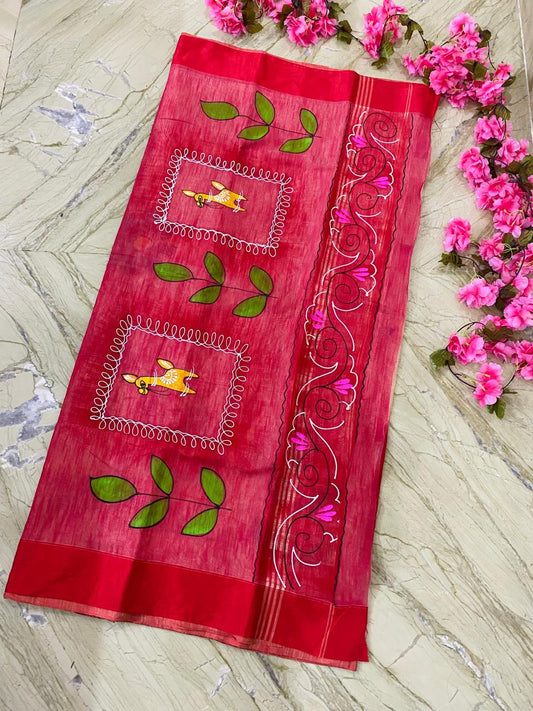 Pattachitra Hand Painted Saree - Peach & Red