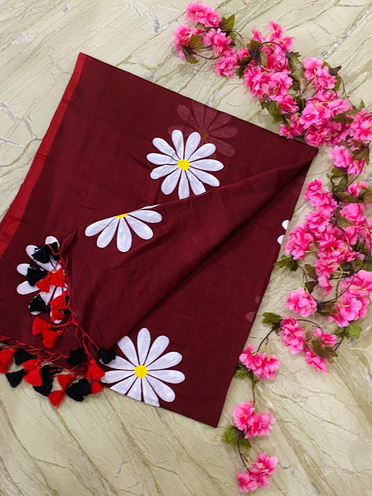 Handpainted Mul cotton saree - Maroon