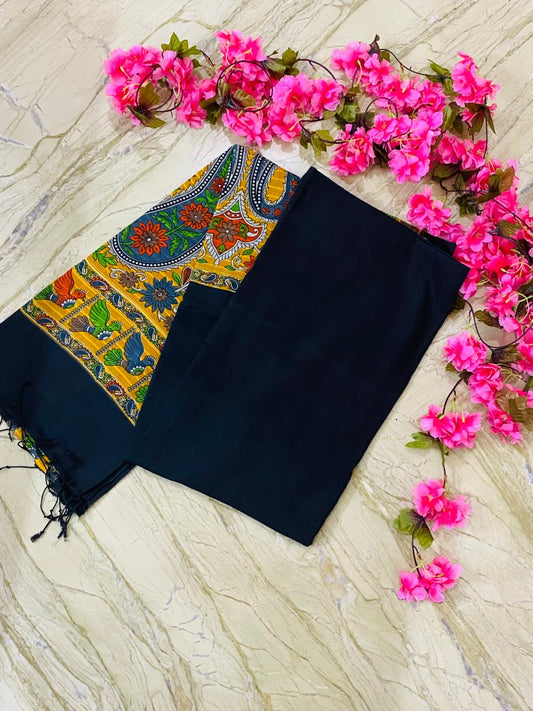 Kalamkari block print Mul cotton Saree - Black