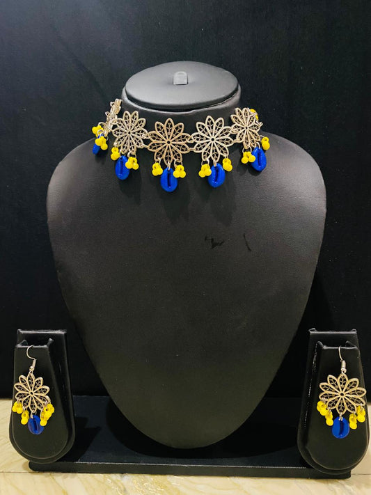 Oxidised silver plated choker with earring - yellow & blue drop