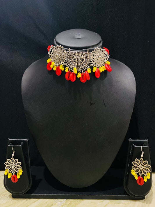 Oxidised silver plated choker with earring - Yellow & Red Colored drops