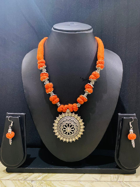 Necklace & Earring Set - Orange Thread