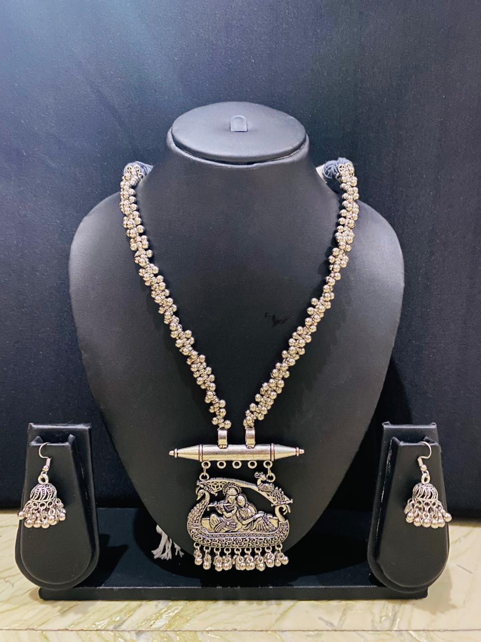 Radhe Krishna Oxidised Silver Plated Long Necklace with Earring