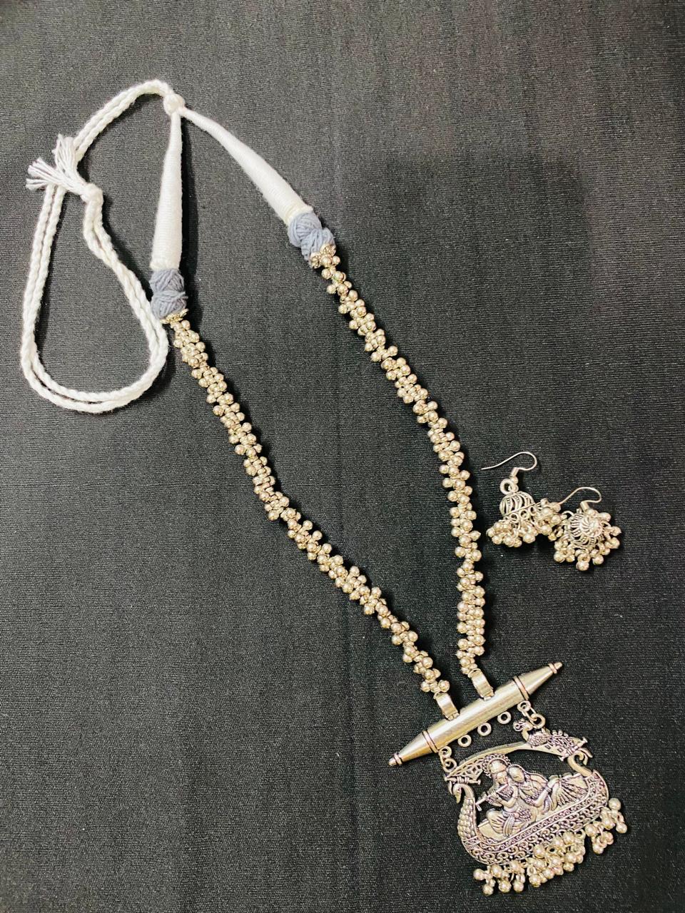 Radhe Krishna Oxidised Silver Plated Long Necklace with Earring